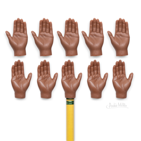 Front view of 10 mini Finger Hands for Finger Hands lined up in two rows with middle one in bottom row on top of a pencil.
