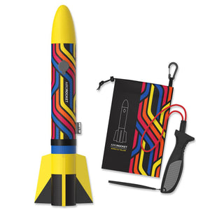 Front view of yellow Airo Rocket with launcher and carry on bag.