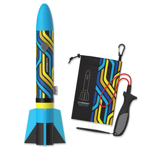 Front view of blue Airo Rocket with launcher and carry on bag.