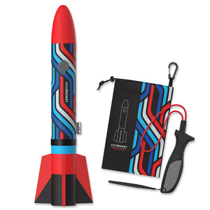 Front view of red Airo Rocket with launcher and carry on bag.