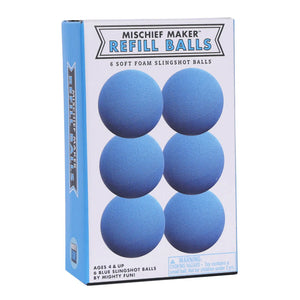 Front view of blue mischief maker refill balls in their box.