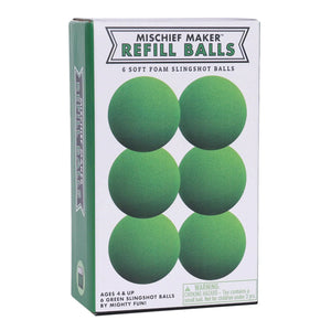 Front view of green mischief maker refill balls in box.
