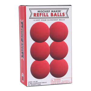 Front view of red mischief maker refill balls in box.