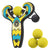 Front view of the yellow mischief maker slingshot with three refill balls stacked on the side.
