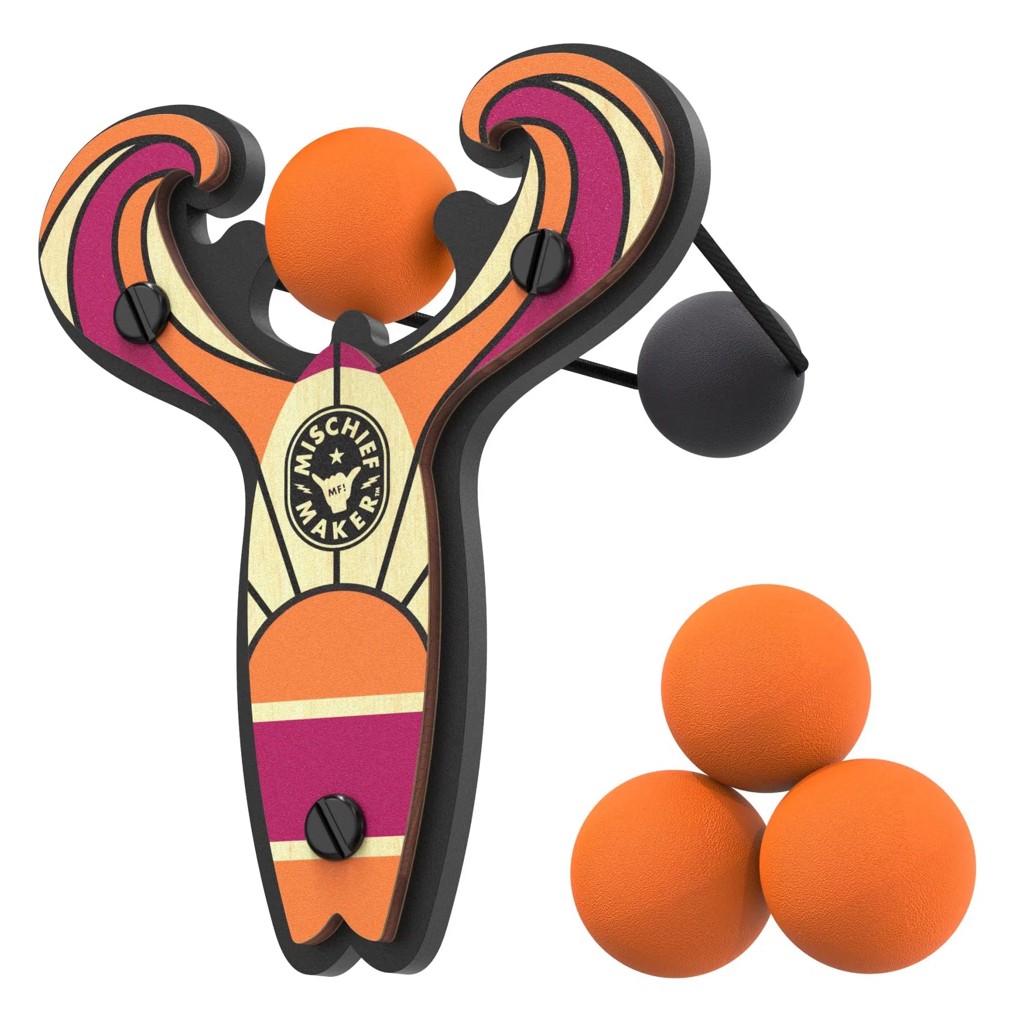 Front view of orange mischief maker slingshot. with three orange refill balls stacked beside it.