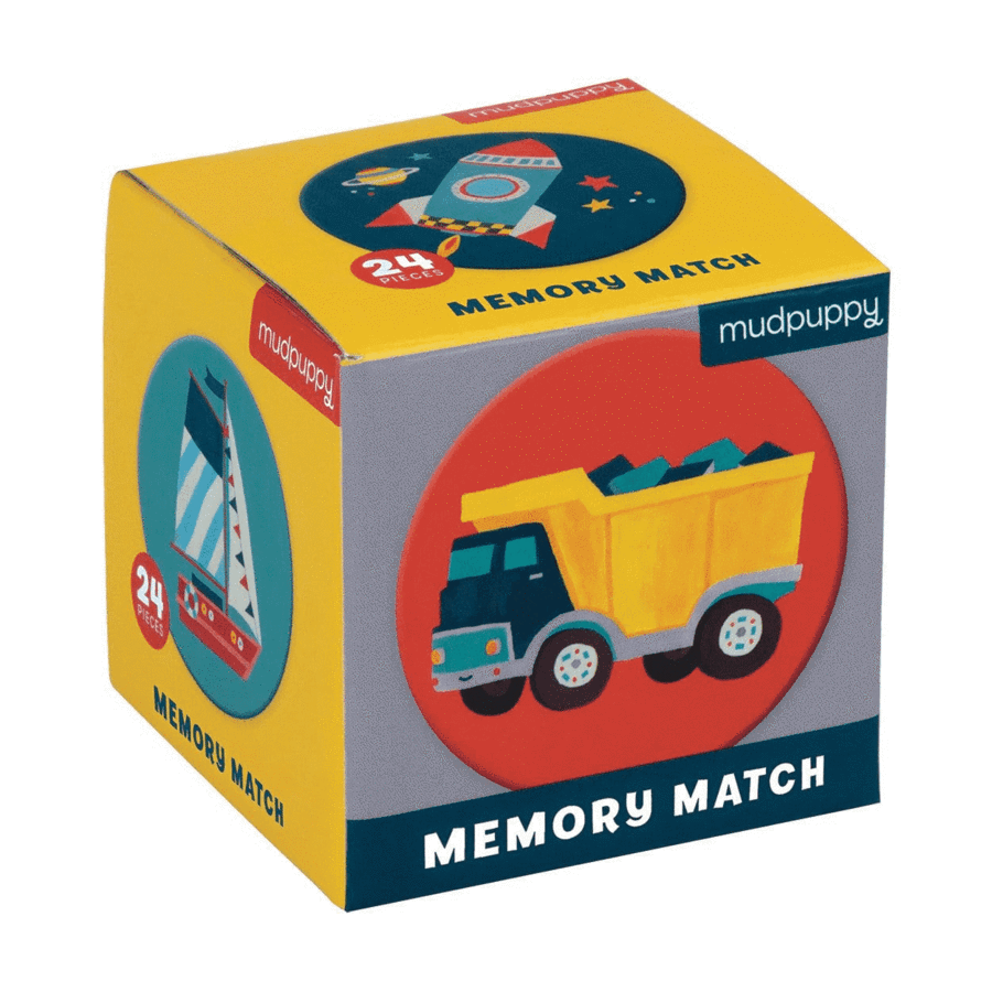 Front view of the transportation memory match game in the box.