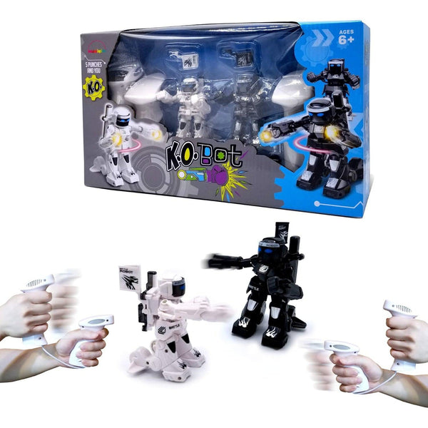 Front view of K.O. Bot's in packaging with 2 out and fighting in front of the box.