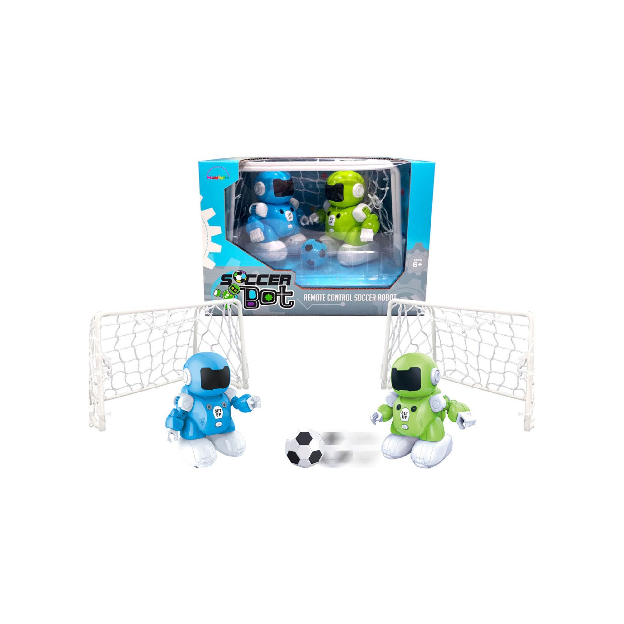 Front view of contents of Soccer Bots out of packaging with a complete set in packaging behind it.