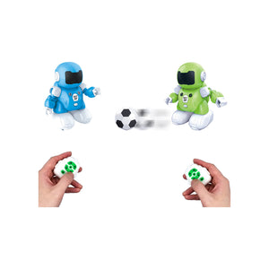 Front view of green and blue bots along with soccer ball and two hands holding remote for the Soccer Bots.