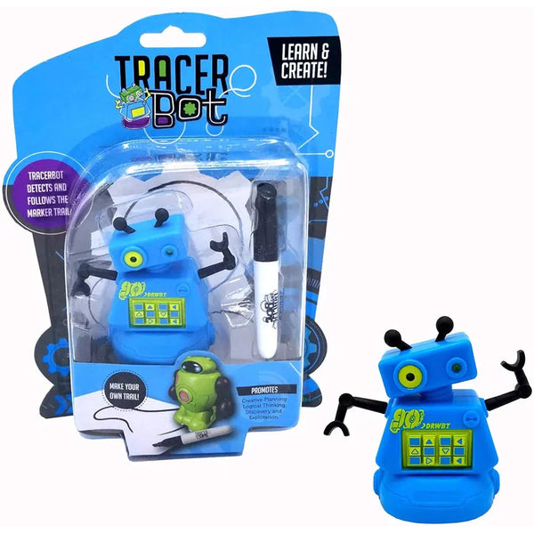 Front view of blue Tracer Bot in and out of its packaging.