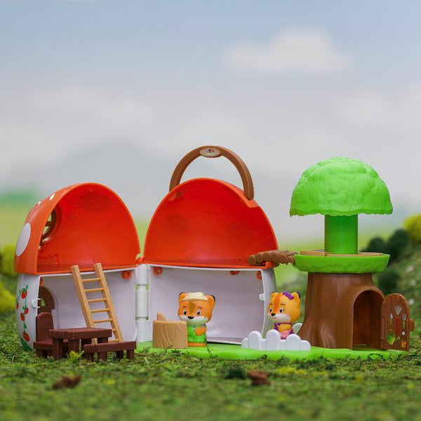 Mushroom two story building with ladder and figurines and tree house