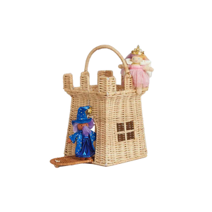 Front view of the Rattan Castle Bag with a wizard and a princess doll in it.