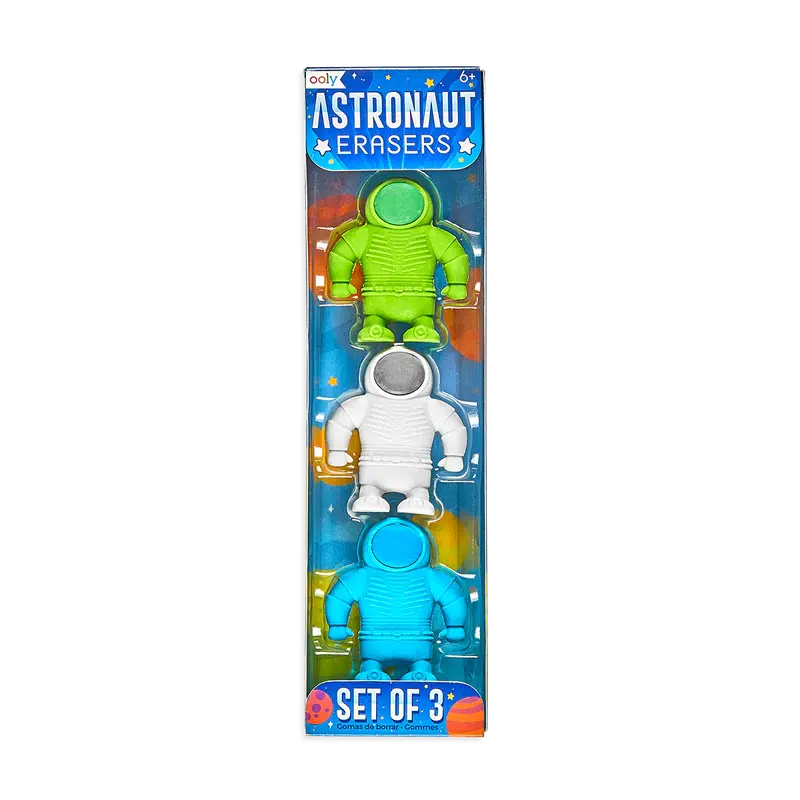 Front view of astronaut erasers in colors green, white, and blue in packaging.