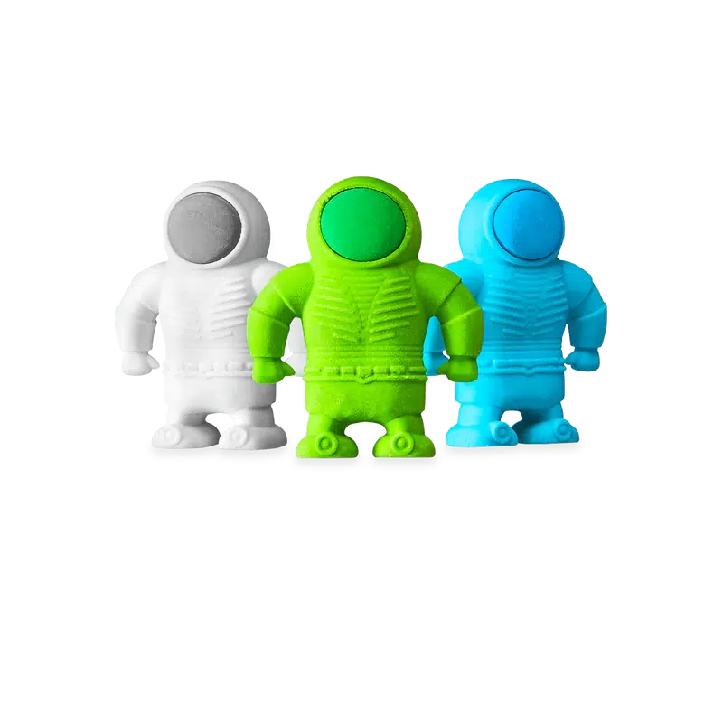 Front view of astronaut erasers in colors green, white, and blue in packaging.