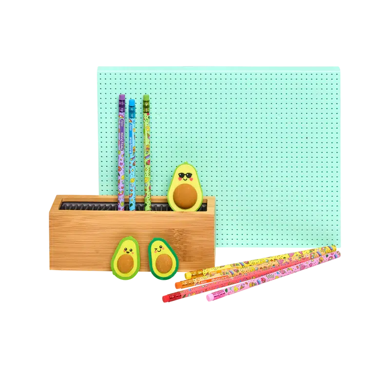 Front view of a desk set showing avocado love eraser and sharpener with some pencils.