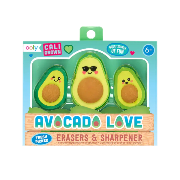 Front view of avocado love eraser and sharpener in package.