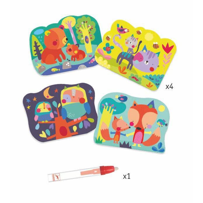Front view of the contents of the Hidden in the Woods Paint with Water Activity Set. Including 4 colored plastic illustrations, and 1 water pen. 