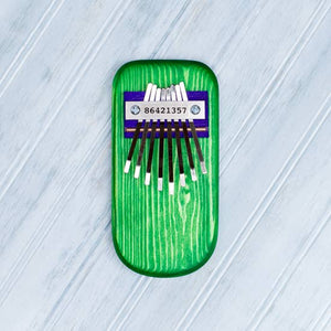 Front view of the green Pine Kalimba.