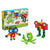 Front view of Plus Plus Learn to Build Creatures in packaging as well as three assembled creatures outside of package.