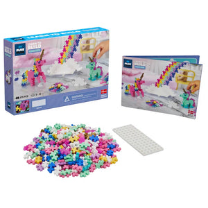 Front view of Plus Plus Learn to Build Unicorns box, instruction booklet, color mix pieces and one white baseplate.