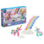 Front view of the Plus Plus Learn to Build Unicorns in its packaging with assembled unicorns and rainbow beside it.