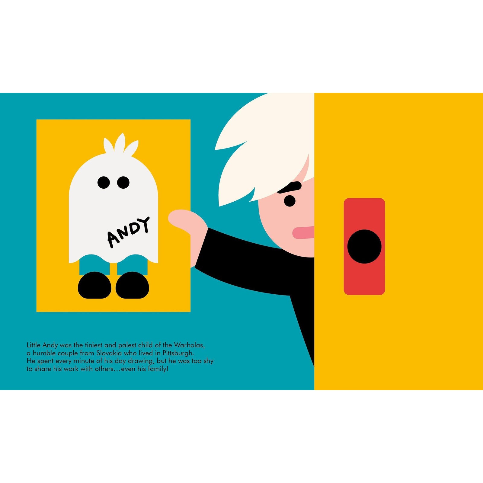 Front view of the cover of the Little People, Big Dreams Andy Warhol book.