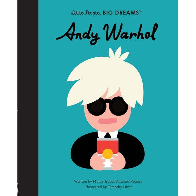 Front view of the cover of the Little People, Big Dreams Andy Warhol book.