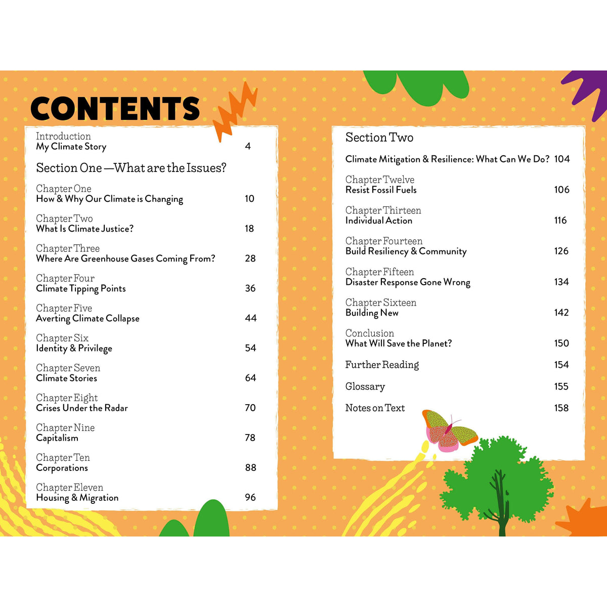 Front view of the table of contents pages from the This Book Will Save The Planet book.