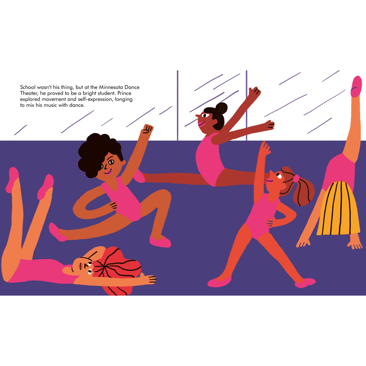 Front view of an inside page from the book Little People, Big Dreams Prince featuring him at a dance studio.