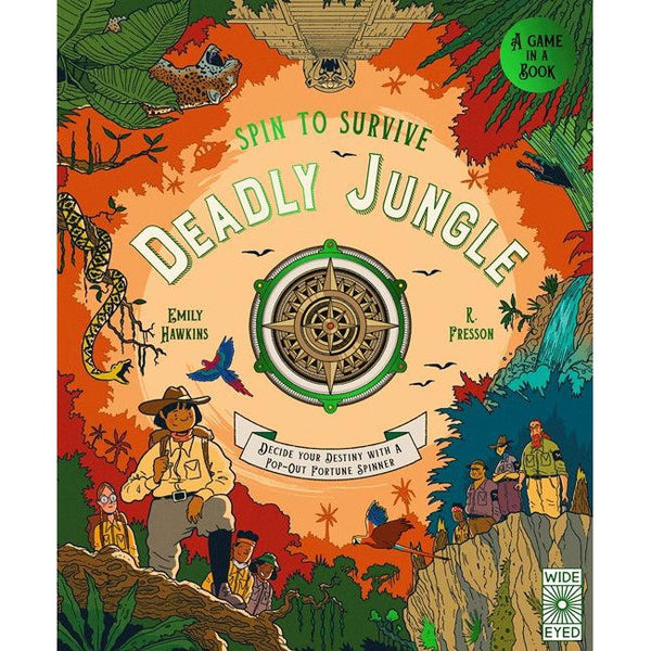 Front view of the cover of the spin to survive: deadly jungle book.