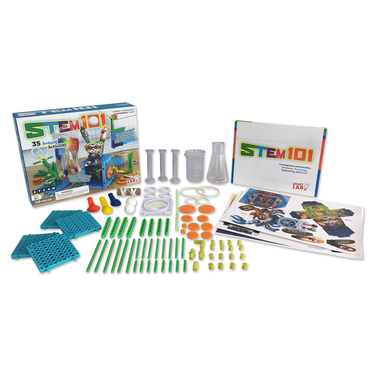 Front view of the STEM 101 box and all of the contents: boards, beakers, balloons, etc.