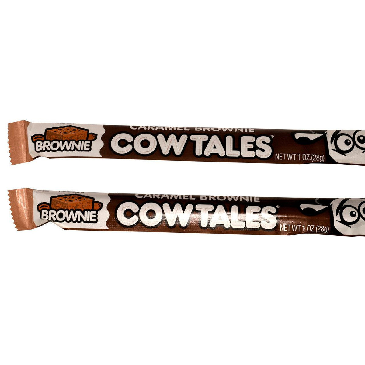Front view of two Brownie Cowtales in their package.