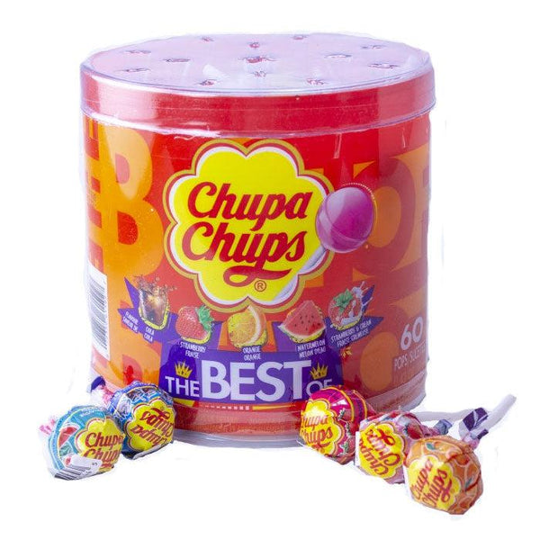 Front view of Chupa Chups in drum with various flavors laying beside drum.