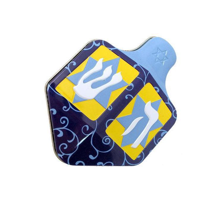 Front view of the Dreidel Tin.