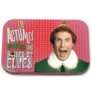 Front view of the raised by elves Elf Candy tin.