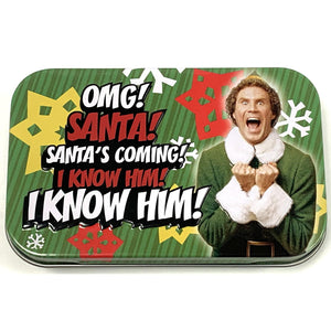 Front view of Santa is coming Elf Candy Tin.