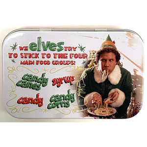 Front view of the stick to four food groups Elf Candy tin.