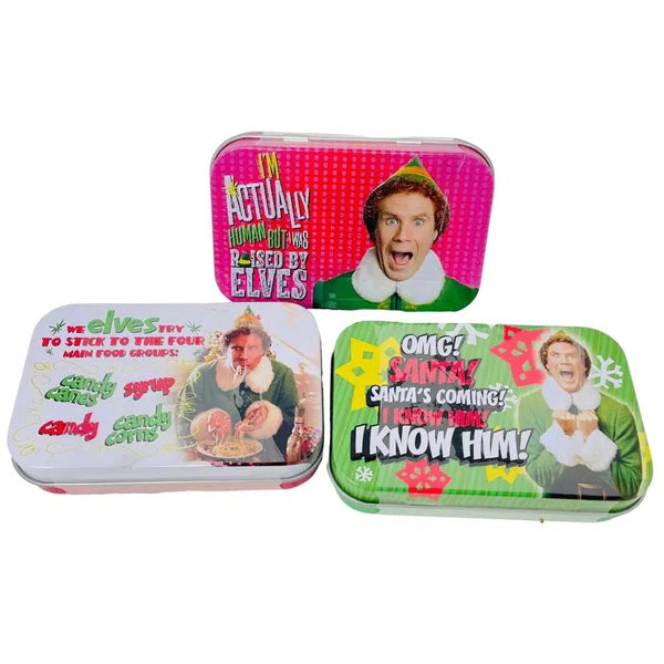 Front view of all three tins from Elf Candy showing different sayings.