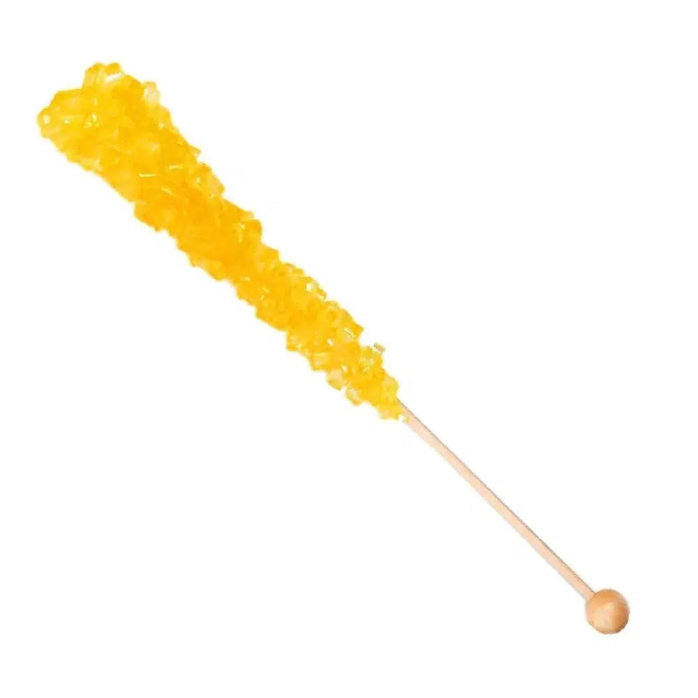 Front view of Banana Rock Candy on a stick.