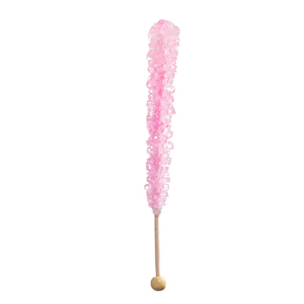 Front view of Cherry Rock Candy on a stick.