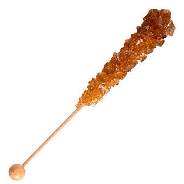 Front view of Root Beer Rock Candy on a stick.