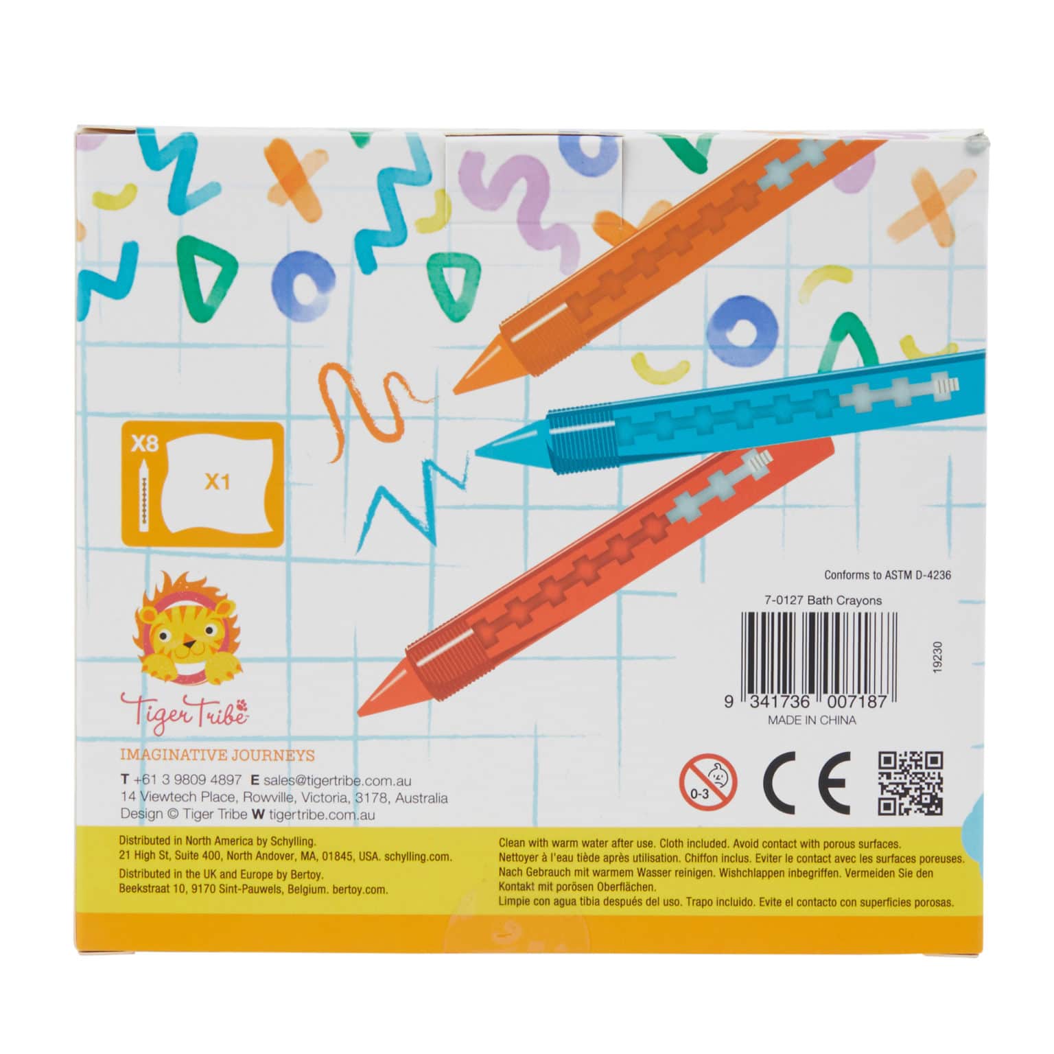 Front view of bath crayons in package.