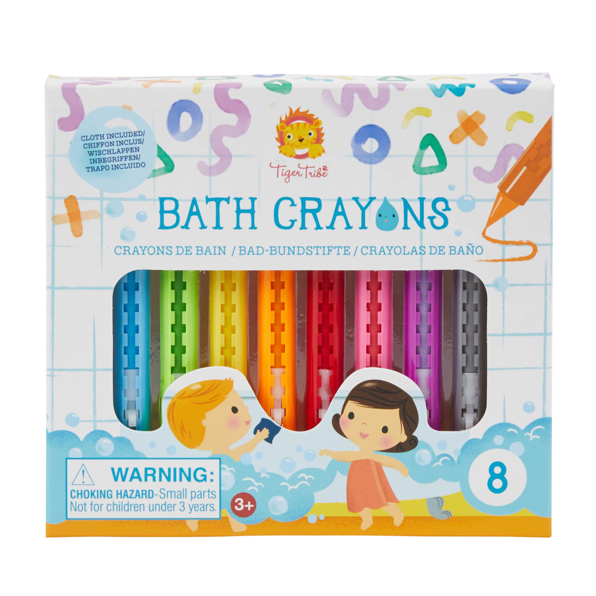 Front view of bath crayons in package.