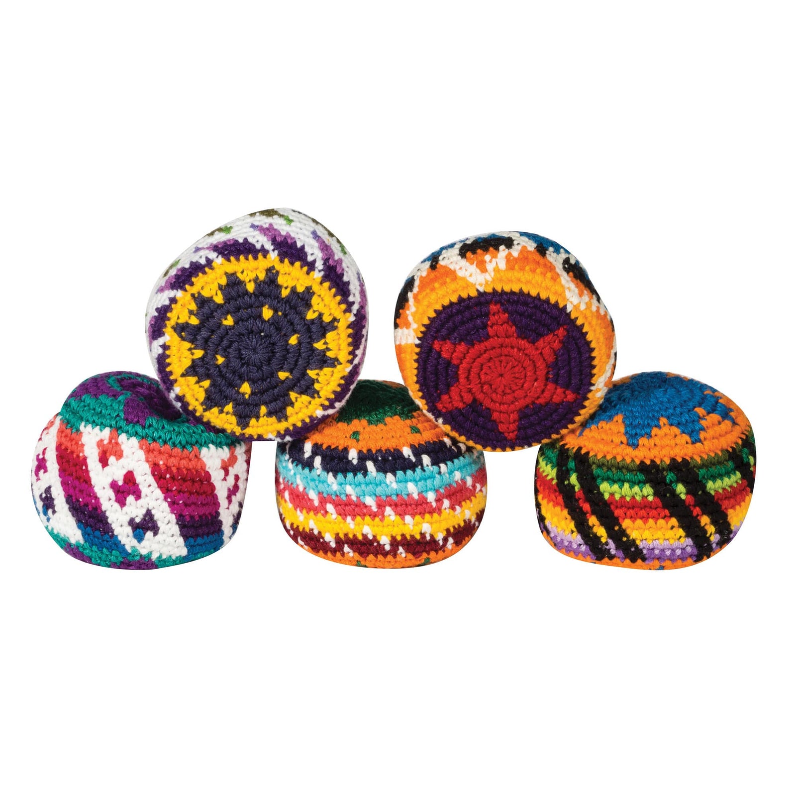 Front view of 5 Guatemalan Kick Sacks stacked in two rows showing various patterns and colors.