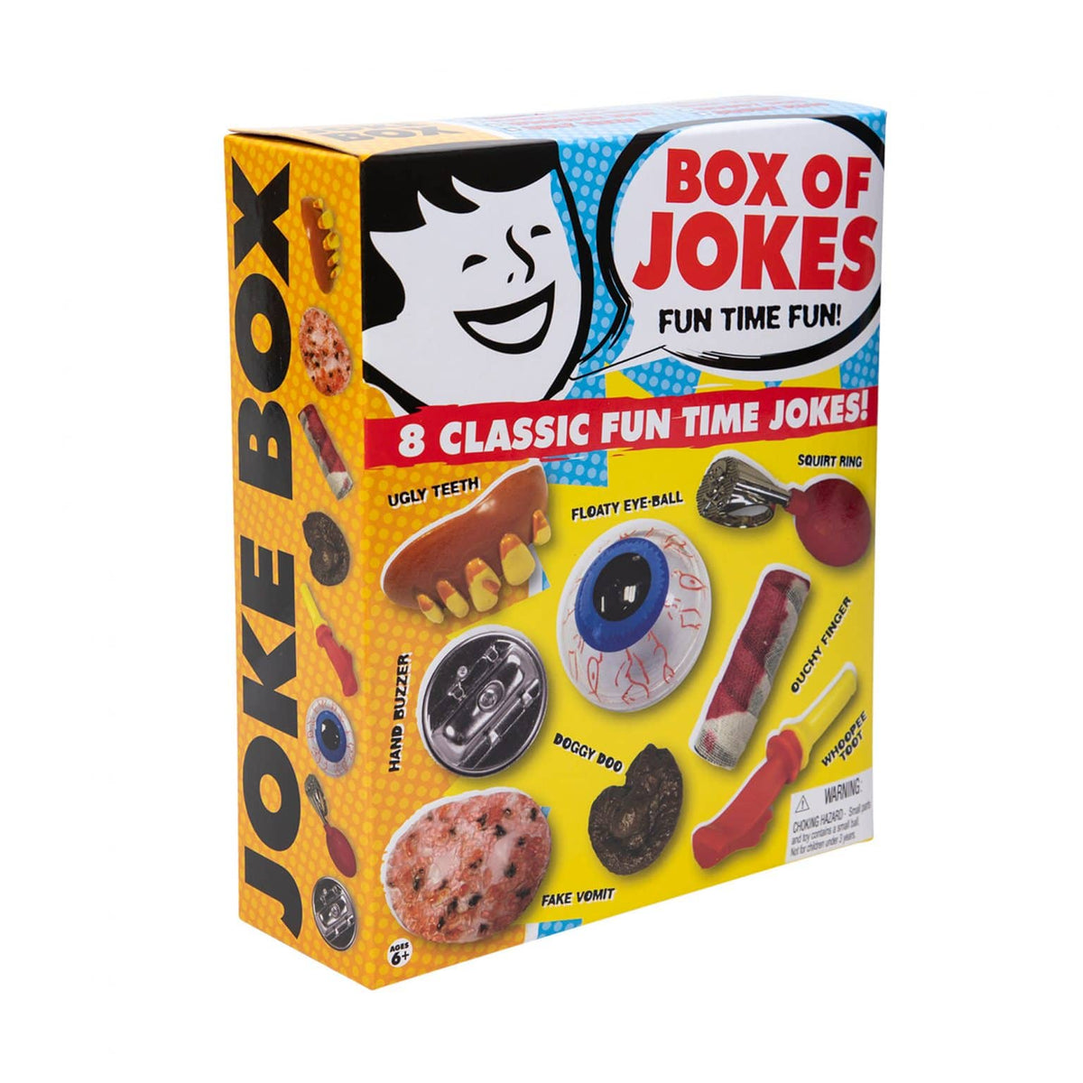 Front view of Joke Box showing the contents including: ugly teeth, floaty eye-ball, squirt ring, hand buzzer, doggy doo ouchy finger, whoopee toot, and fake vomit.