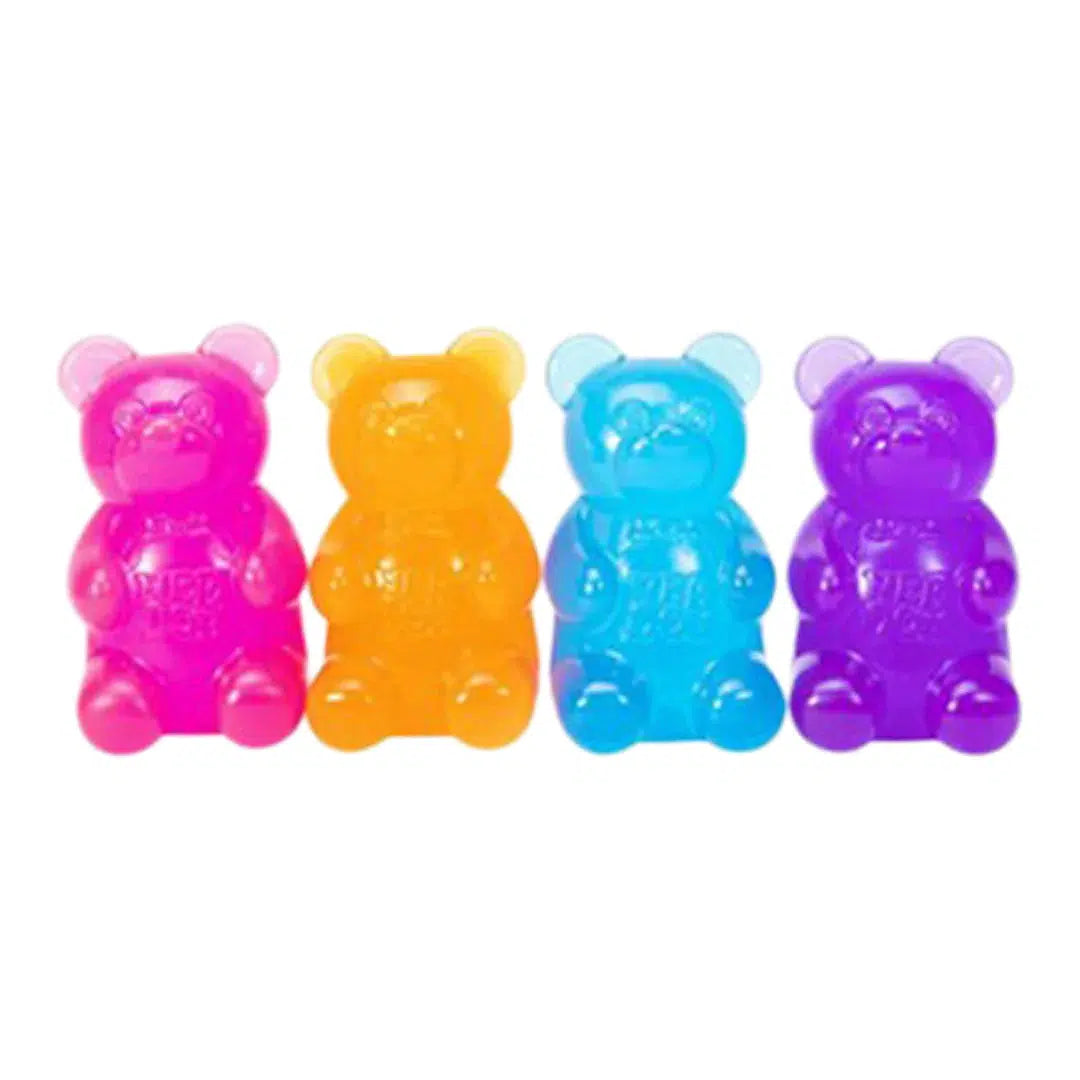 Front view of various colors pink, orange, blue, and purple Nee Doh Gummy Bears.