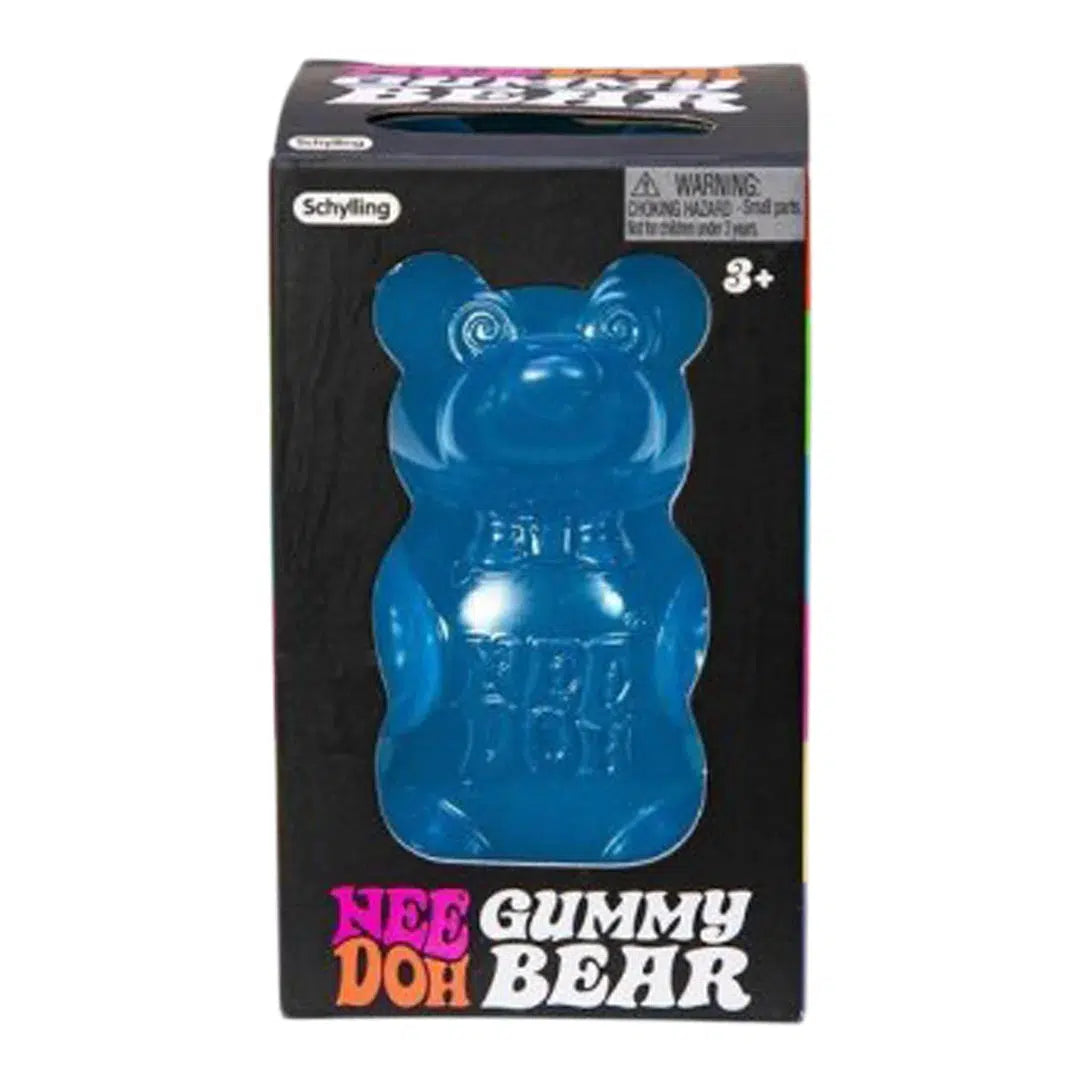 Front view of the blue Nee Doh Gummy Bear in its packaging.