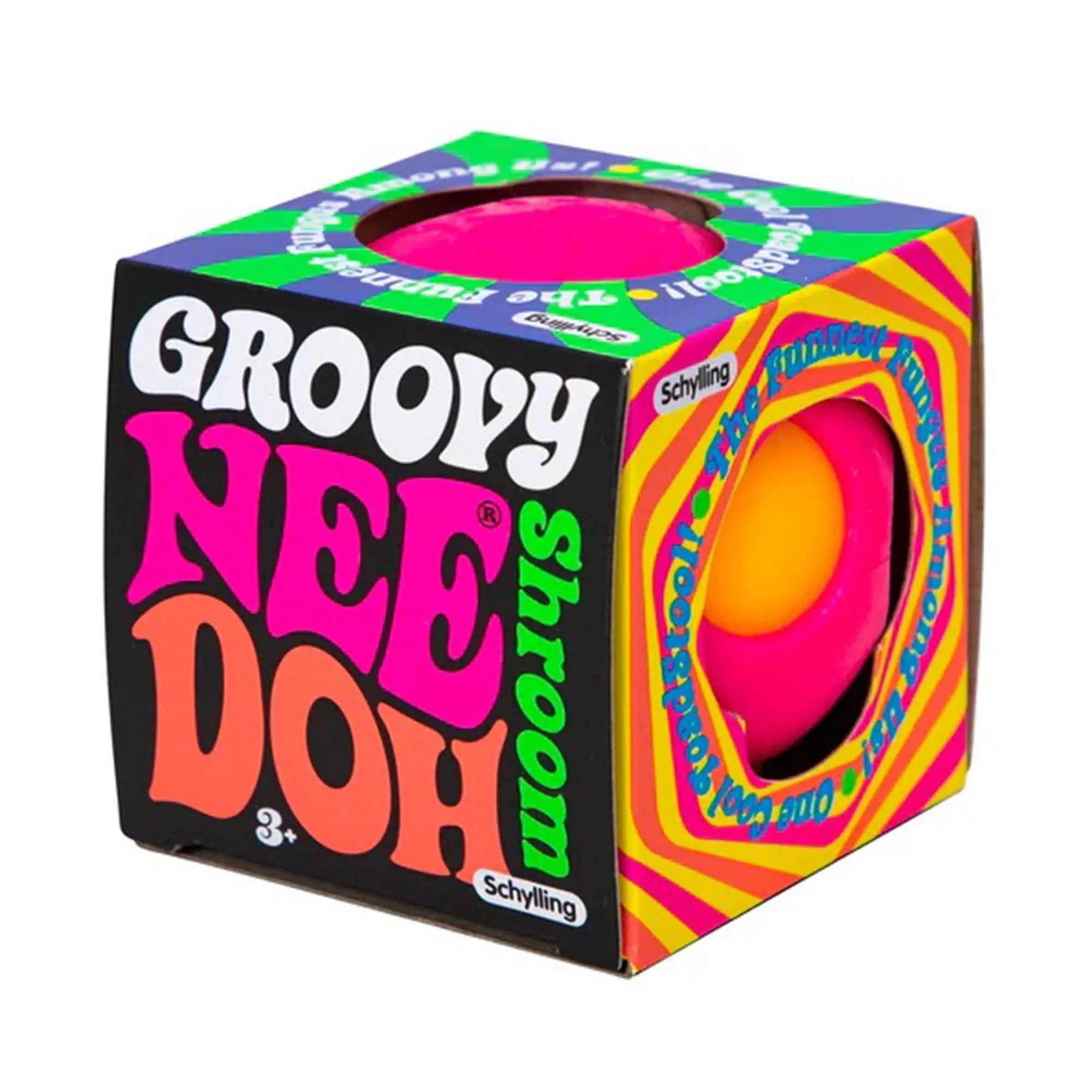 Front view of a Nee Doh Shroom pink and orange in its packaging.