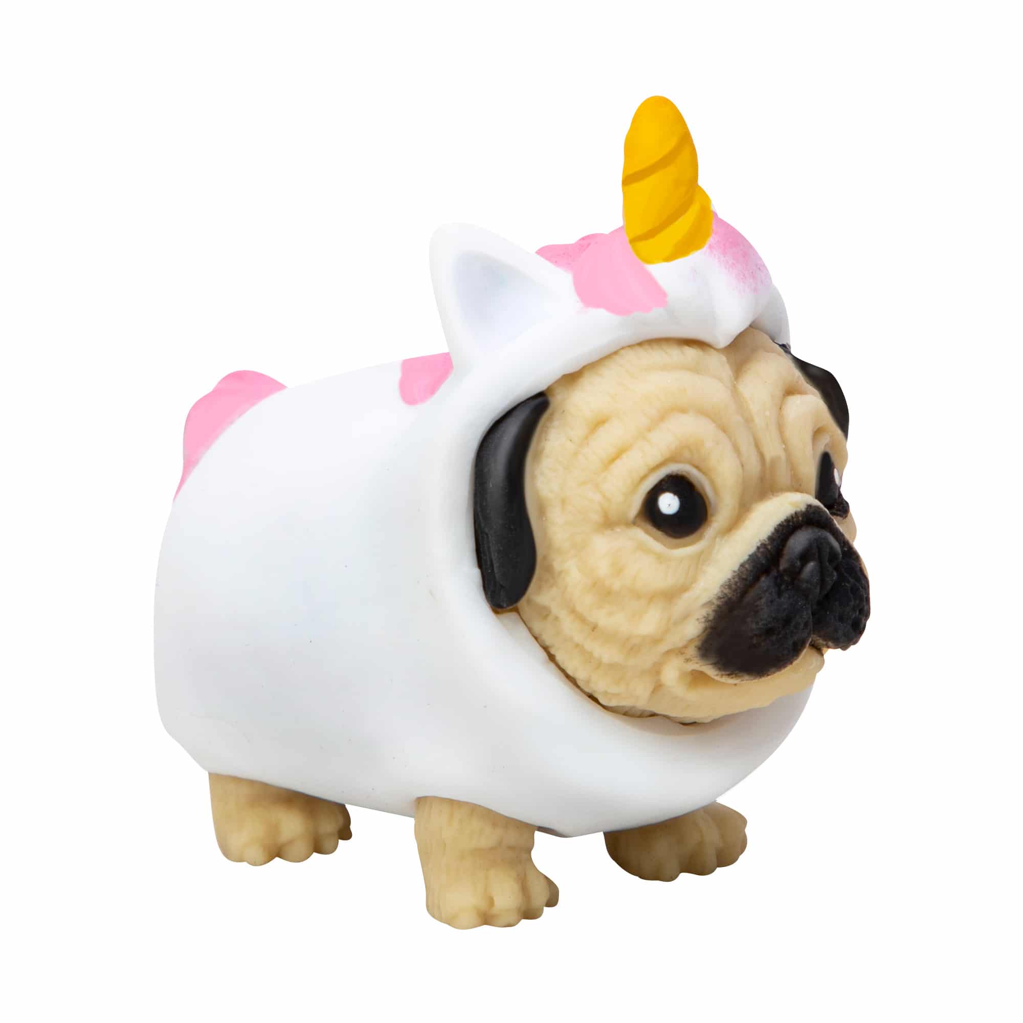 Front view of Party Puppies French bulldog in shark costume and Pug in dragon costume.