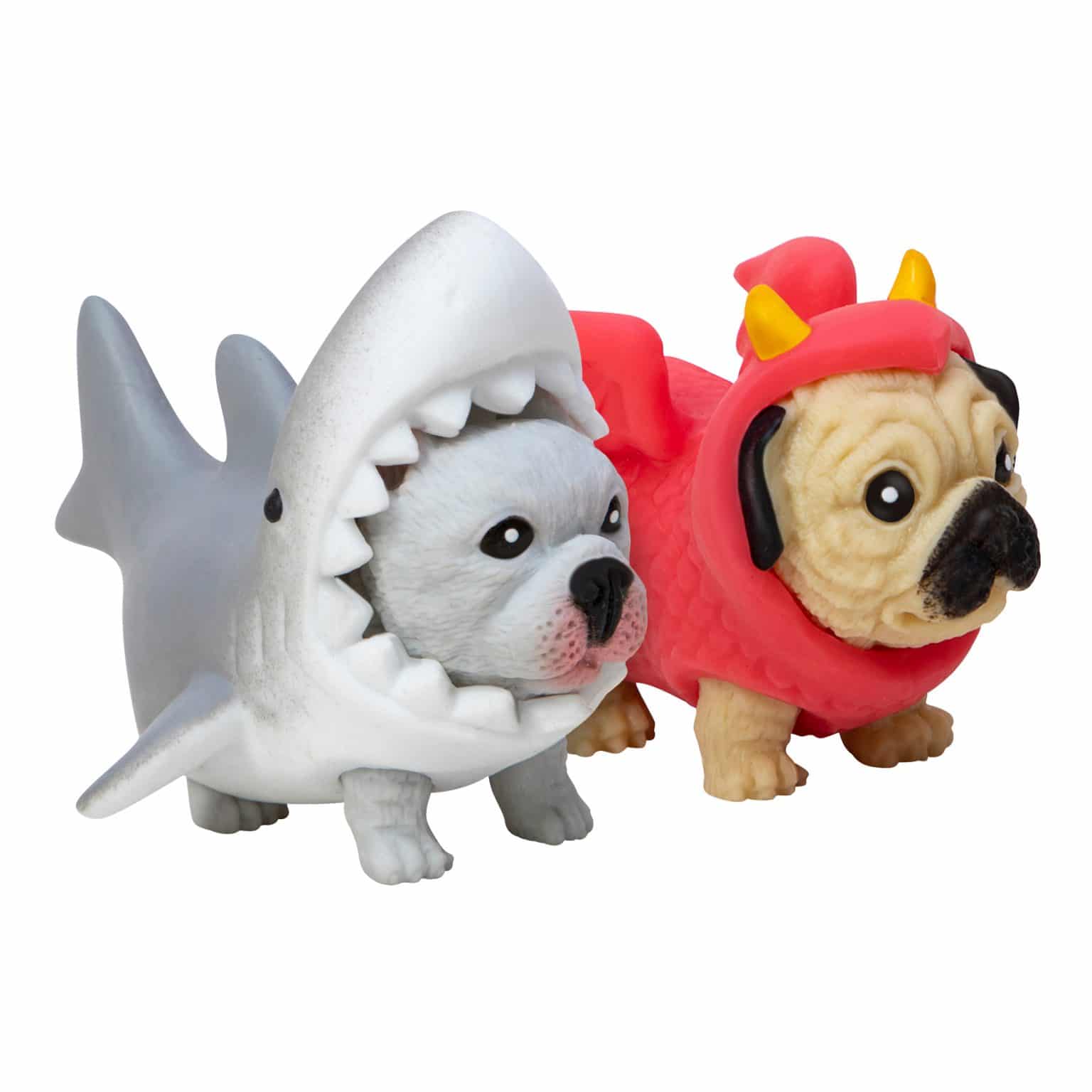 Front view of Party Puppies French bulldog in shark costume and Pug in dragon costume.